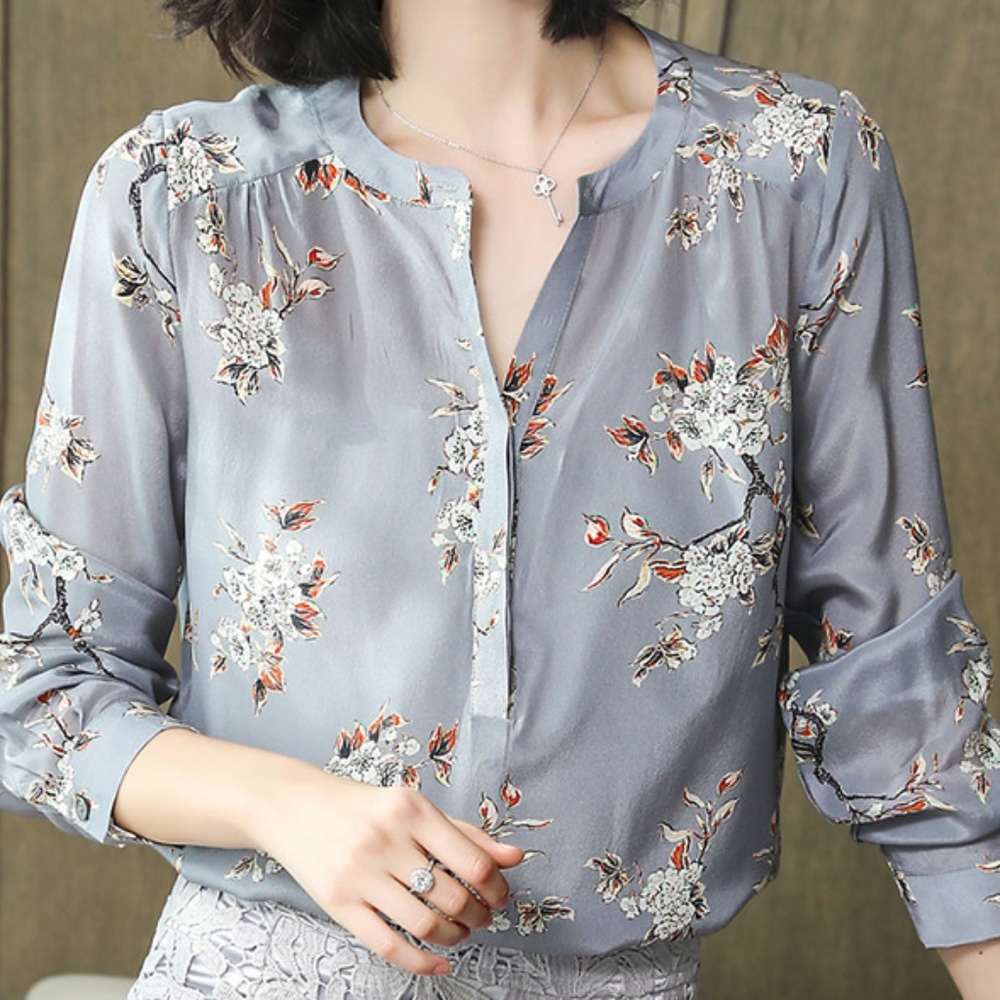 Stylish and simple plain printed silk blouse